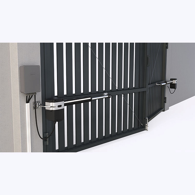 фото: Телескопические приводы ALUTECH SCOPIO SC‑3000SKIT-N для распашных ворот встроенными концевыми выключателями, LED‑подсветкой и блоком управления CU-AM